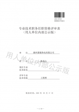 专业技术职务任职资格评审表 （用人单元内部公示版）